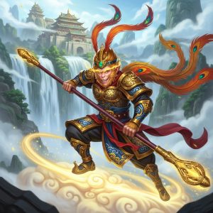 AI_IMAGE: Legendary Chinese Monkey King Sun Wukong in golden armor and phoenix feather cap, wielding his magical extending staff Ruyi Jingu Bang, standing on a magical cloud, mischievous grin showing golden eyes that see through illusions, Flower Fruit Mountain waterfall in background, Chinese celestial palace visible in clouds above, dynamic and playful yet powerful atmosphere | digital-art | square