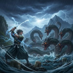 AI_IMAGE: Wild and powerful Japanese storm god Susanoo battling the eight-headed serpent Yamata no Orochi, wielding a gleaming sword, rain and wind swirling around him, massive dragon heads thrashing in a stormy river valley, Japanese mountain landscape with dark thunderclouds, sake barrels visible as his trap, heroic and tempestuous atmosphere | digital-art | square