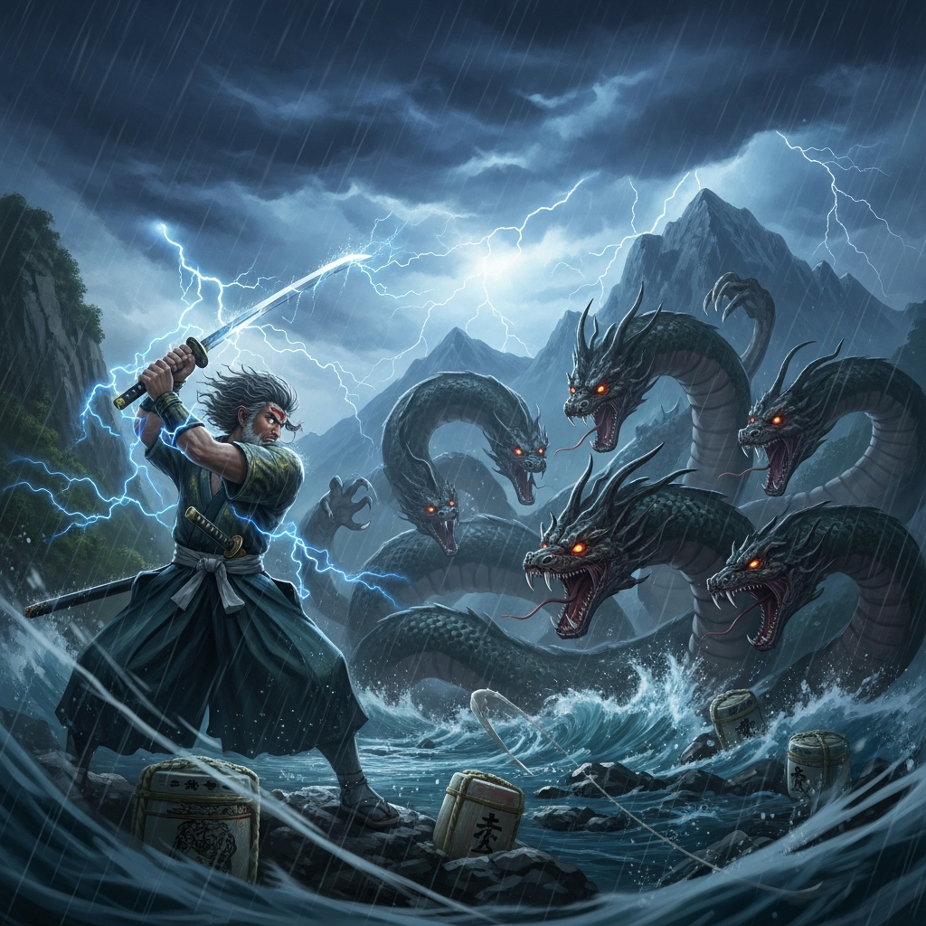 AI_IMAGE: Wild and powerful Japanese storm god Susanoo battling the eight-headed serpent Yamata no Orochi, wielding a gleaming sword, rain and wind swirling around him, massive dragon heads thrashing in a stormy river valley, Japanese mountain landscape with dark thunderclouds, sake barrels visible as his trap, heroic and tempestuous atmosphere | digital-art | square