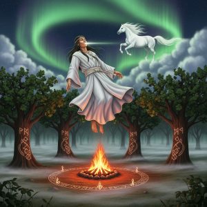 AI_IMAGE: Hungarian Taltos shaman in deep trance floating above a misty Carpathian forest clearing, wearing white robes, seventh tooth visible in a mystical glow, white spirit horse galloping in the clouds above, sacred fire circle below, runes carved on ancient oak trees, ethereal shamanic atmosphere with northern lights | digital-art | square