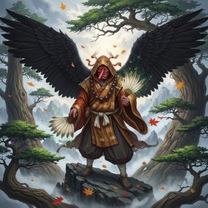 AI_IMAGE: Fearsome Japanese Tengu mountain spirit with long red nose and fierce expression, wearing yamabushi mountain priest robes, enormous black crow wings spread wide, standing on a misty mountain peak surrounded by ancient cedar trees, holding a magical fan (hauchiwa), falling autumn leaves, mysterious and powerful yokai atmosphere | digital-art | square