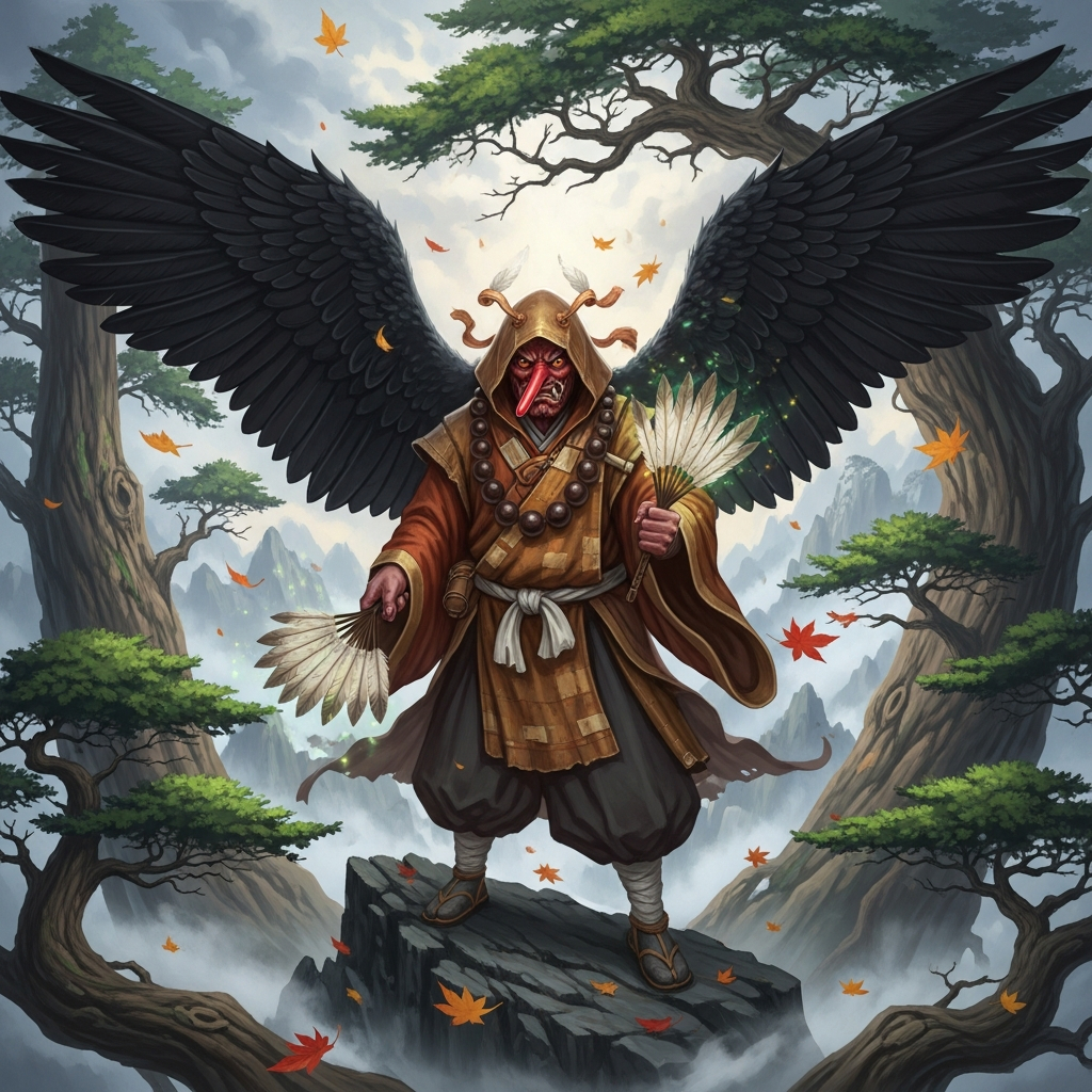AI_IMAGE: Fearsome Japanese Tengu mountain spirit with long red nose and fierce expression, wearing yamabushi mountain priest robes, enormous black crow wings spread wide, standing on a misty mountain peak surrounded by ancient cedar trees, holding a magical fan (hauchiwa), falling autumn leaves, mysterious and powerful yokai atmosphere | digital-art | square