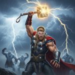 AI_IMAGE: Mighty Norse god Thor wielding his glowing hammer Mjolnir overhead, massive muscular build with red beard and fierce blue eyes, lightning crackling from the hammer into dark storm clouds, wearing iron gauntlets and belt of strength, frost giants retreating in background, epic thunderstorm battle atmosphere | digital-art | square