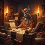 AI_IMAGE: Wise Egyptian god Thoth with ibis bird head, wearing a crescent moon disk headdress, seated at a stone desk writing on papyrus with a reed pen, surrounded by scrolls and ancient books in a torch-lit library chamber, hieroglyphic calculations and star charts on the walls, scholarly and mystical atmosphere | digital-art | square