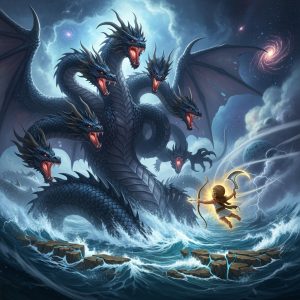 AI_IMAGE: Colossal primordial dragon goddess Tiamat rising from the chaos waters, massive serpentine body with multiple dragon heads, ancient and terrifying, cosmic ocean churning around her, baby god Marduk approaching with divine weapons and storm winds, creation of the world from her divided body beginning, primordial chaos and cosmic birth atmosphere | digital-art | square