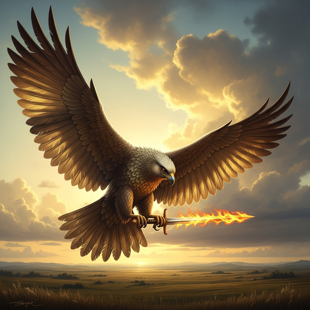AI_IMAGE: Majestic mythological Turul bird with enormous spread wings, resembling a giant falcon or eagle, golden and bronze feathers gleaming in sunlight, carrying a flaming sword in its talons, soaring above the Hungarian puszta grasslands, dramatic sky with golden clouds, regal and divine atmosphere | digital-art | square