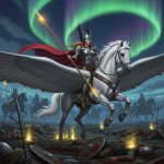 AI_IMAGE: Noble Norse Valkyrie riding a white winged horse over a Viking battlefield, wearing gleaming silver armor and winged helmet, carrying a golden spear, selecting fallen warriors to bring to Valhalla, aurora borealis shimmering in the sky above, other Valkyries visible in formation behind her, divine warrior maidens atmosphere | digital-art | square