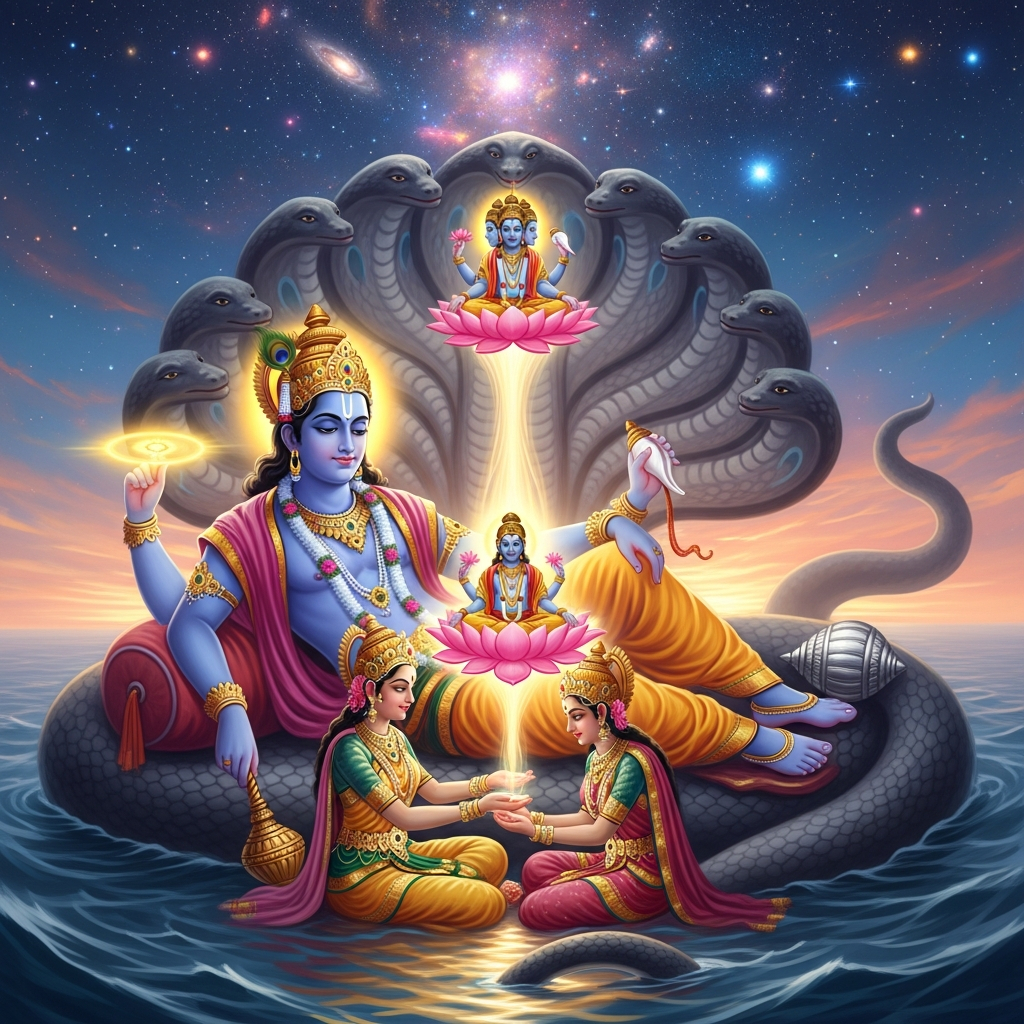 AI_IMAGE: Serene Hindu god Vishnu with blue skin reclining on the cosmic serpent Shesha floating on the primordial ocean, four arms holding chakra discus, conch shell, lotus flower, and mace, goddess Lakshmi at his feet, lotus growing from his navel with Brahma seated upon it, cosmic starfield above, peaceful and infinite atmosphere | digital-art | square