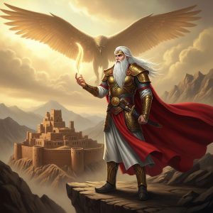 AI_IMAGE: Persian prince Zal with striking snow-white hair and beard, wearing ornate golden Persian armor and flowing cape, holding a glowing Simorgh feather, standing on a rocky mountain ledge with the great Simorgh bird soaring protectively behind him in the clouds, ancient Sistan fortress below, mystical golden-amber atmosphere | digital-art | square