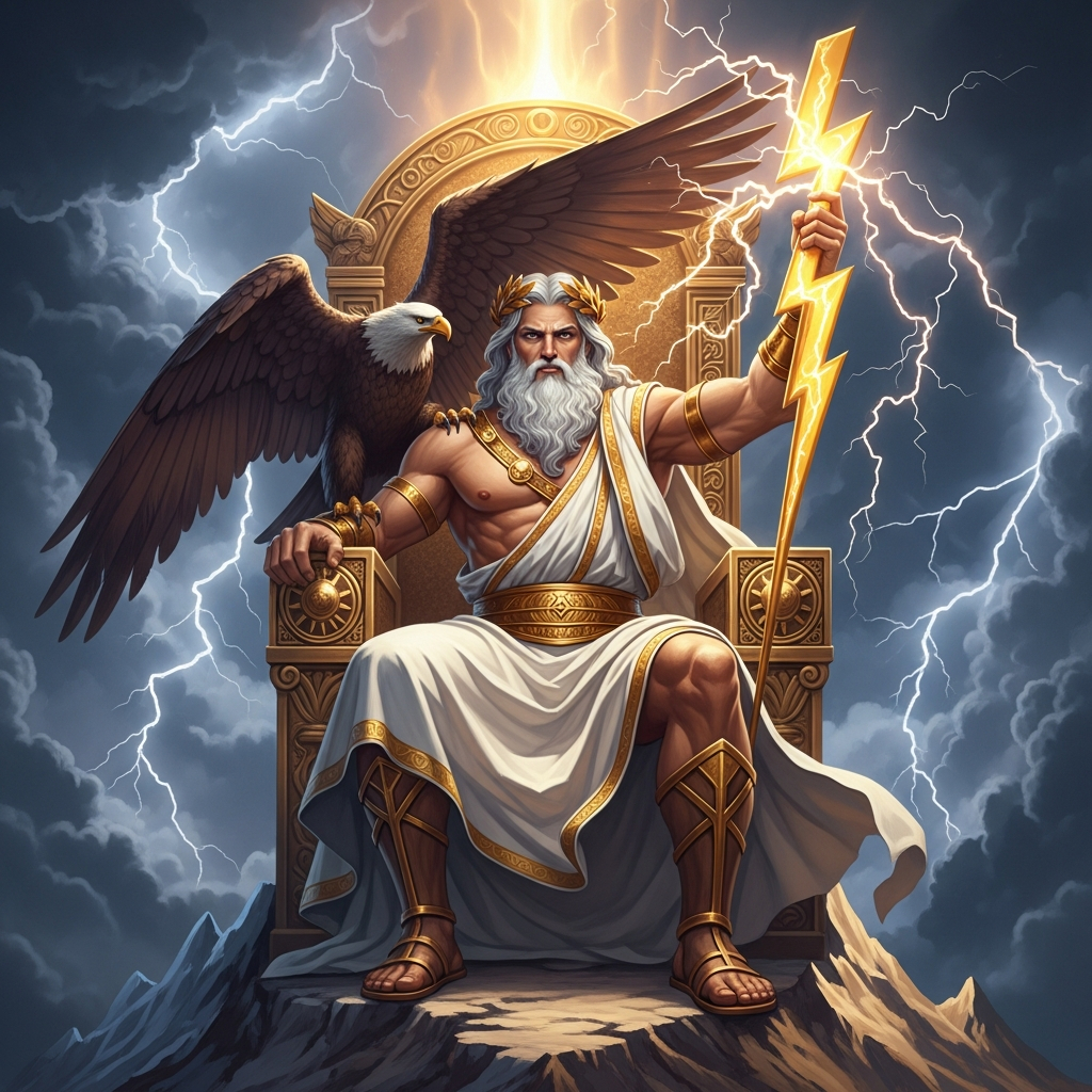 AI_IMAGE: Majestic Greek god Zeus seated on a golden throne atop Mount Olympus, powerful muscular build with flowing white beard, holding a crackling lightning bolt in one hand, eagle perched on his shoulder, dramatic storm clouds swirling behind him, divine golden light radiating outward | digital-art | square