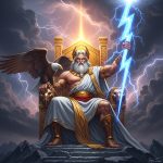 AI_IMAGE: Majestic Greek god Zeus seated on a golden throne atop Mount Olympus, powerful muscular build with flowing white beard, holding a crackling lightning bolt in one hand, eagle perched on his shoulder, dramatic storm clouds swirling behind him, divine golden light radiating outward, classical Greek temple columns framing the scene | digital-art | square