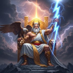 AI_IMAGE: Majestic Greek god Zeus seated on a golden throne atop Mount Olympus, powerful muscular build with flowing white beard, holding a crackling lightning bolt in one hand, eagle perched on his shoulder, dramatic storm clouds swirling behind him, divine golden light radiating outward, classical Greek temple columns framing the scene | digital-art | square
