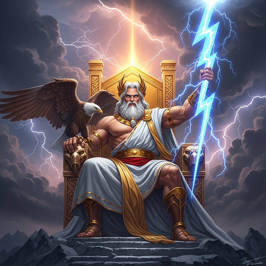 AI_IMAGE: Majestic Greek god Zeus seated on a golden throne atop Mount Olympus, powerful muscular build with flowing white beard, holding a crackling lightning bolt in one hand, eagle perched on his shoulder, dramatic storm clouds swirling behind him, divine golden light radiating outward, classical Greek temple columns framing the scene | digital-art | square