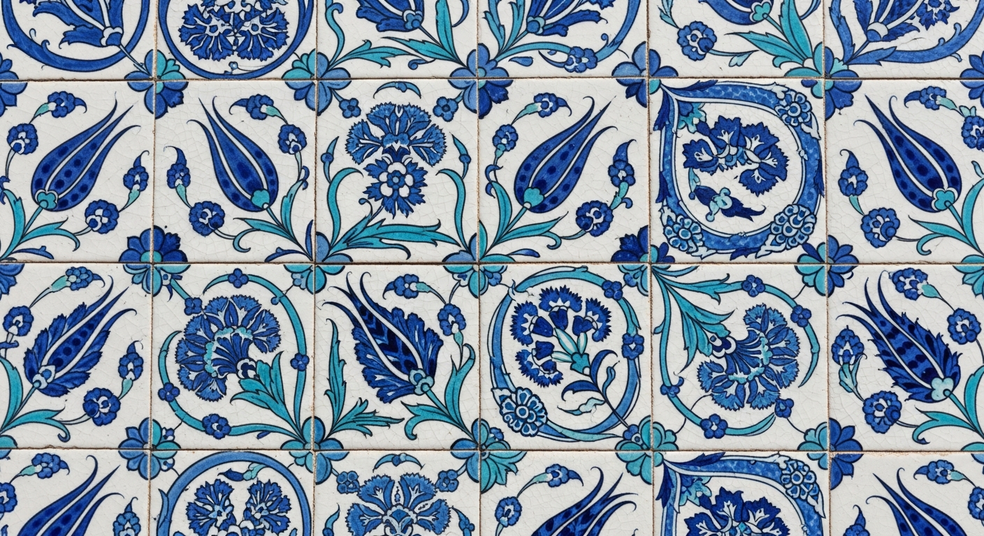 AI_IMAGE: Traditional Turkish Iznik ceramic tiles with cobalt blue and turquoise floral patterns on white background, arranged in a grid, soft diffused natural light, sharp detail showing crackle glaze texture | photorealistic | landscape