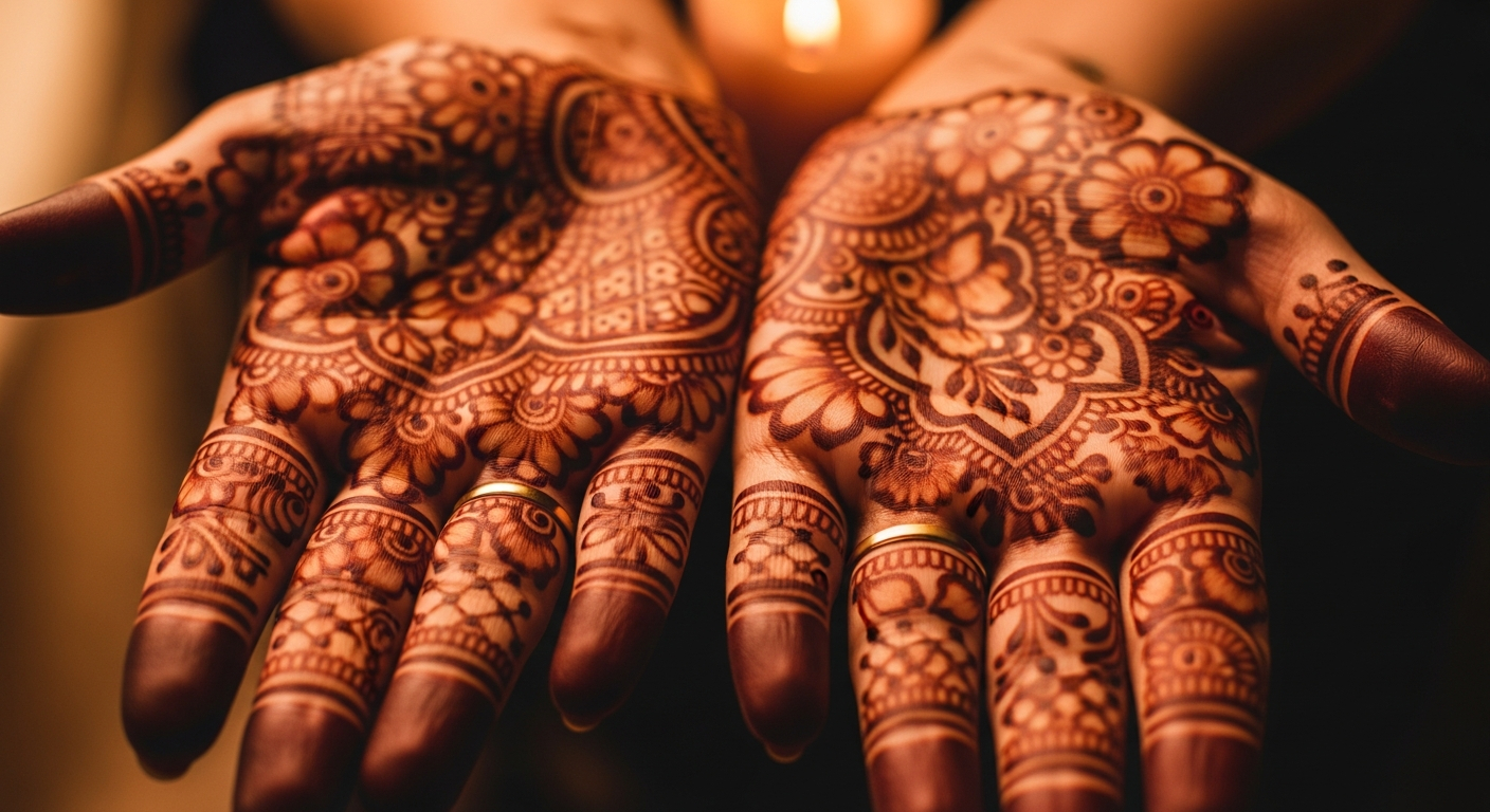 AI_IMAGE: Close-up of henna-stained hands adorned with intricate traditional patterns, soft candlelight illumination, shallow depth of field with warm amber tones | photorealistic | landscape