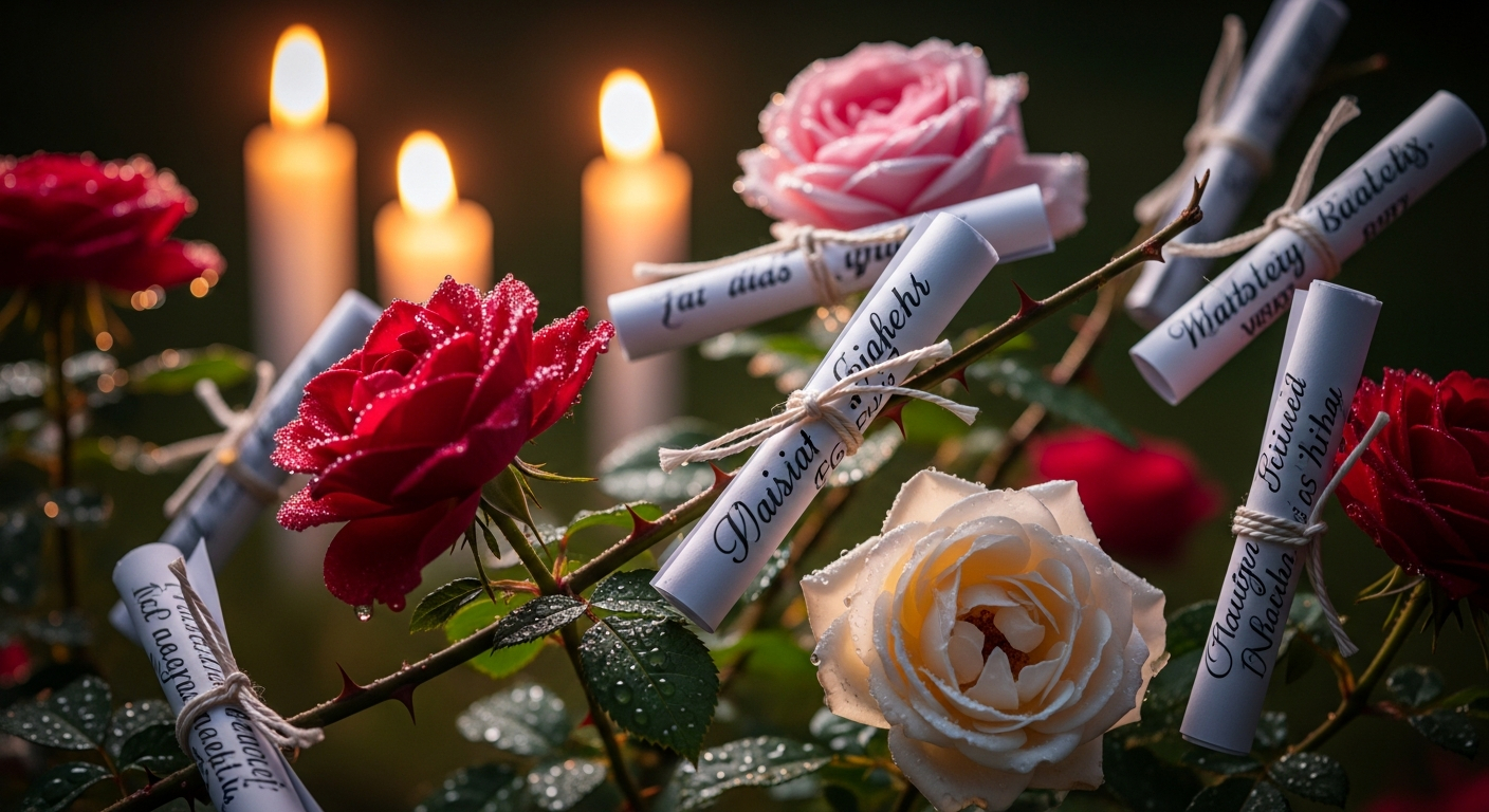 AI_IMAGE: Close-up of handwritten wishes on small paper scrolls tied to blooming rose branches at night, soft candlelight illumination, dew drops on petals, shallow depth of field, warm tones | photorealistic | landscape
