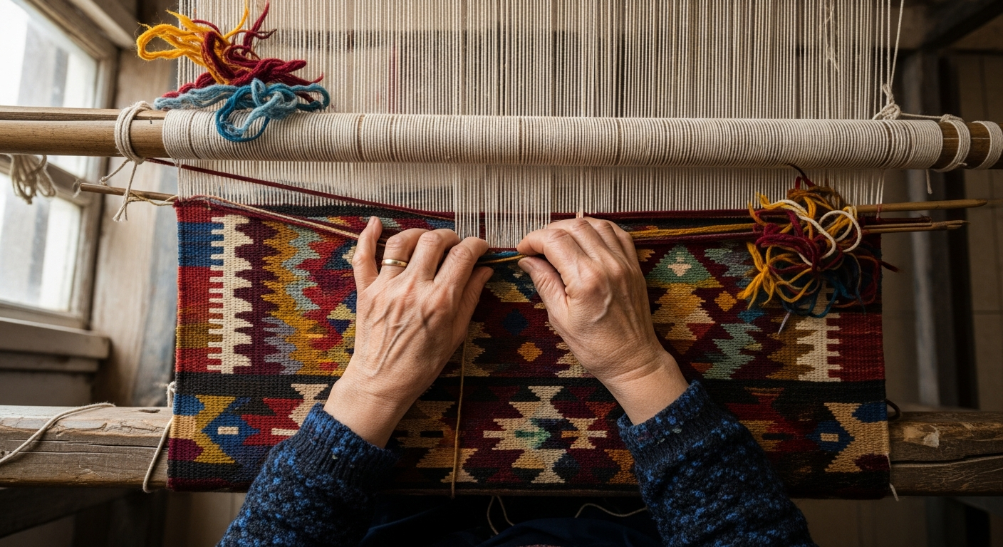 AI_IMAGE: Overhead view of an elderly Turkish woman's hands weaving a kilim on a traditional wooden loom, colorful wool threads stretched taut, intricate geometric pattern taking shape, natural daylight from a village window, warm earthy tones | photorealistic | landscape