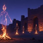 AI_IMAGE: Mystical scene of ethereal fire spirits (jinn) emerging from smokeless flames in a dark desert landscape, swirling forms of light and shadow, ancient Persian ruins in background, deep indigo and amber tones | digital-art | landscape