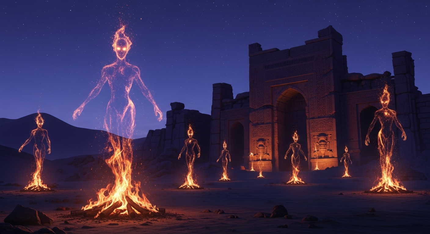 AI_IMAGE: Mystical scene of ethereal fire spirits (jinn) emerging from smokeless flames in a dark desert landscape, swirling forms of light and shadow, ancient Persian ruins in background, deep indigo and amber tones | digital-art | landscape
