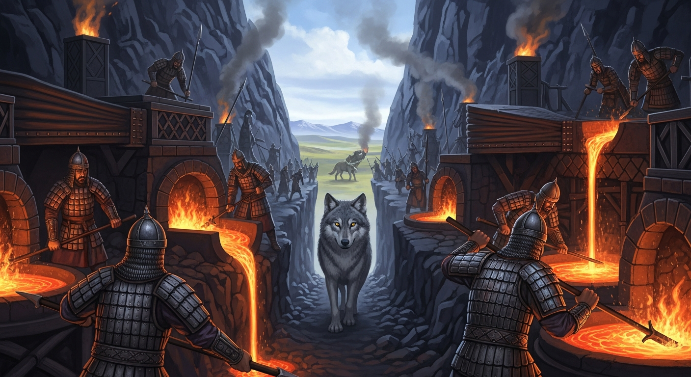 AI_IMAGE: Dramatic scene of ancient Turkic warriors melting an iron mountain with massive forges, a grey wolf leading the way through a narrow mountain pass, Central Asian steppe visible beyond, warm forge-fire orange and cool mountain blue tones | digital-art | landscape