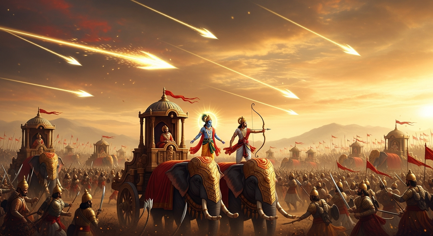 AI_IMAGE: Epic ancient Indian battle scene from Mahabharata with war chariots, elephants, and warriors on a vast battlefield, Krishna and Arjuna in a divine chariot, dramatic sky with celestial weapons, warm gold and red tones | digital-art | landscape