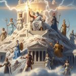 AI_IMAGE: Majestic Mount Olympus with gleaming marble temples at the peak above the clouds, Zeus enthroned with lightning bolt, other Olympian gods gathered around, divine golden light, epic Greek mythology scene | digital-art | landscape