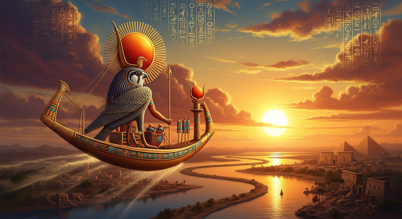 AI_IMAGE: Ancient Egyptian sun god Ra sailing across the sky in a golden solar barque, falcon head with radiant sun disk crown, hieroglyphic clouds, dramatic sunset over the Nile, warm gold and crimson tones | digital-art | landscape