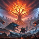 AI_IMAGE: Apocalyptic Norse Ragnarok scene with the world tree Yggdrasil burning, Fenrir wolf and Jormungandr serpent unleashed, gods battling in a fiery sky, cosmic destruction and rebirth, dark dramatic atmosphere with fire and ice | digital-art | landscape