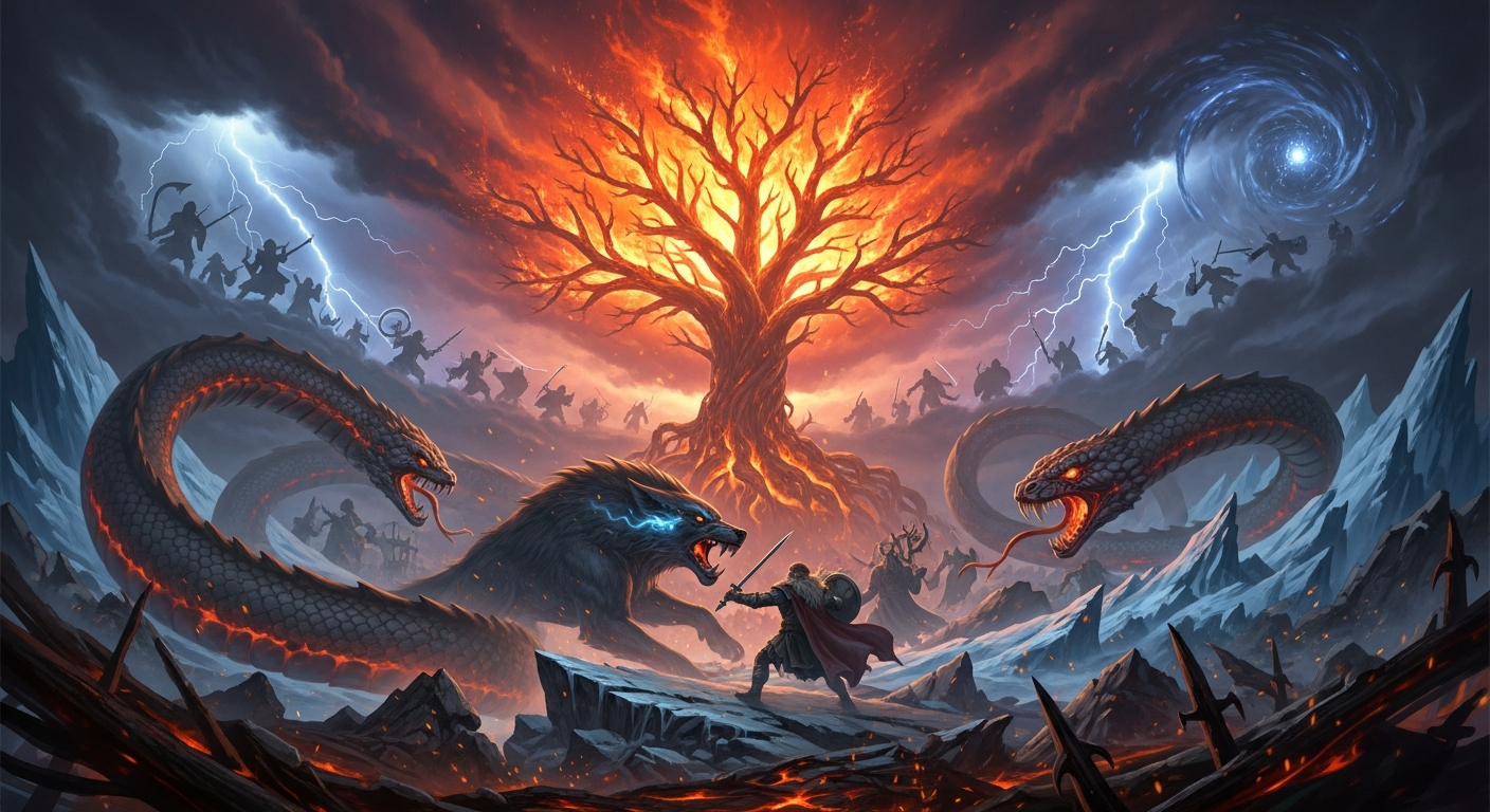 AI_IMAGE: Apocalyptic Norse Ragnarok scene with the world tree Yggdrasil burning, Fenrir wolf and Jormungandr serpent unleashed, gods battling in a fiery sky, cosmic destruction and rebirth, dark dramatic atmosphere with fire and ice | digital-art | landscape