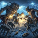 AI_IMAGE: Epic battle scene between Titans and Olympian gods on a cosmic battlefield, massive humanoid figures clashing among storm clouds and lightning, Greek temple ruins below, dramatic chiaroscuro with gold and dark blue tones | digital-art | landscape