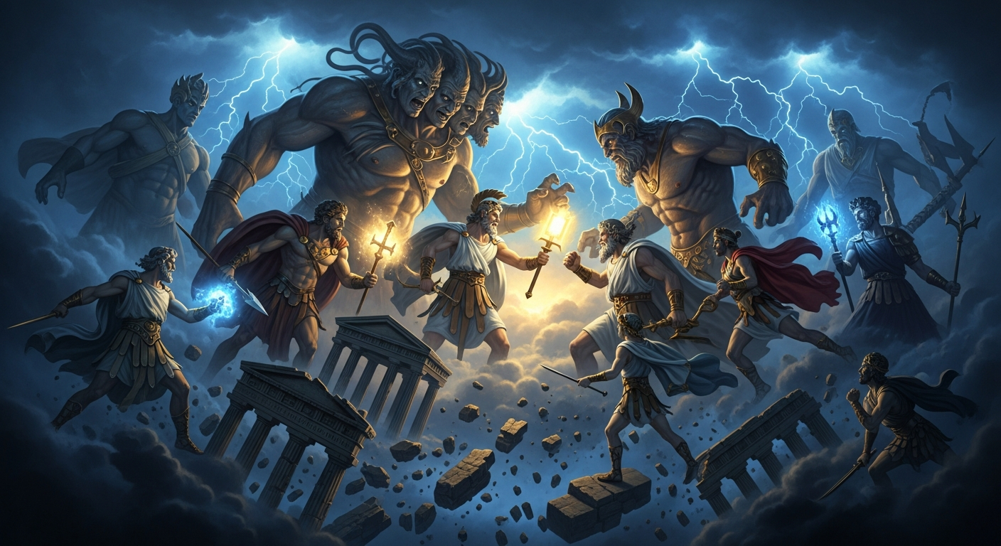 AI_IMAGE: Epic battle scene between Titans and Olympian gods on a cosmic battlefield, massive humanoid figures clashing among storm clouds and lightning, Greek temple ruins below, dramatic chiaroscuro with gold and dark blue tones | digital-art | landscape