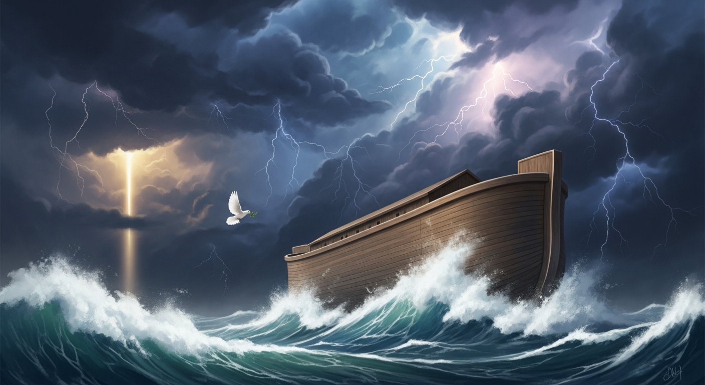 AI_IMAGE: Enormous ancient wooden ark floating on vast flood waters under dark stormy skies, massive waves crashing, dove flying with olive branch in distance, dramatic biblical-Mesopotamian atmosphere, dark tones with a single beam of golden light | digital-art | landscape
