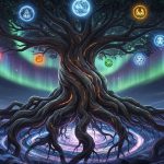 AI_IMAGE: Massive mythological world tree Yggdrasil with enormous roots plunging into cosmic void, branches reaching into star-filled sky, nine realms visible as glowing spheres among the branches, Norse cosmic atmosphere with aurora lights | digital-art | landscape