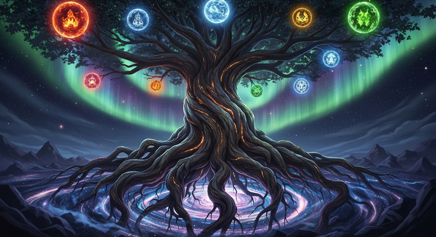 AI_IMAGE: Massive mythological world tree Yggdrasil with enormous roots plunging into cosmic void, branches reaching into star-filled sky, nine realms visible as glowing spheres among the branches, Norse cosmic atmosphere with aurora lights | digital-art | landscape